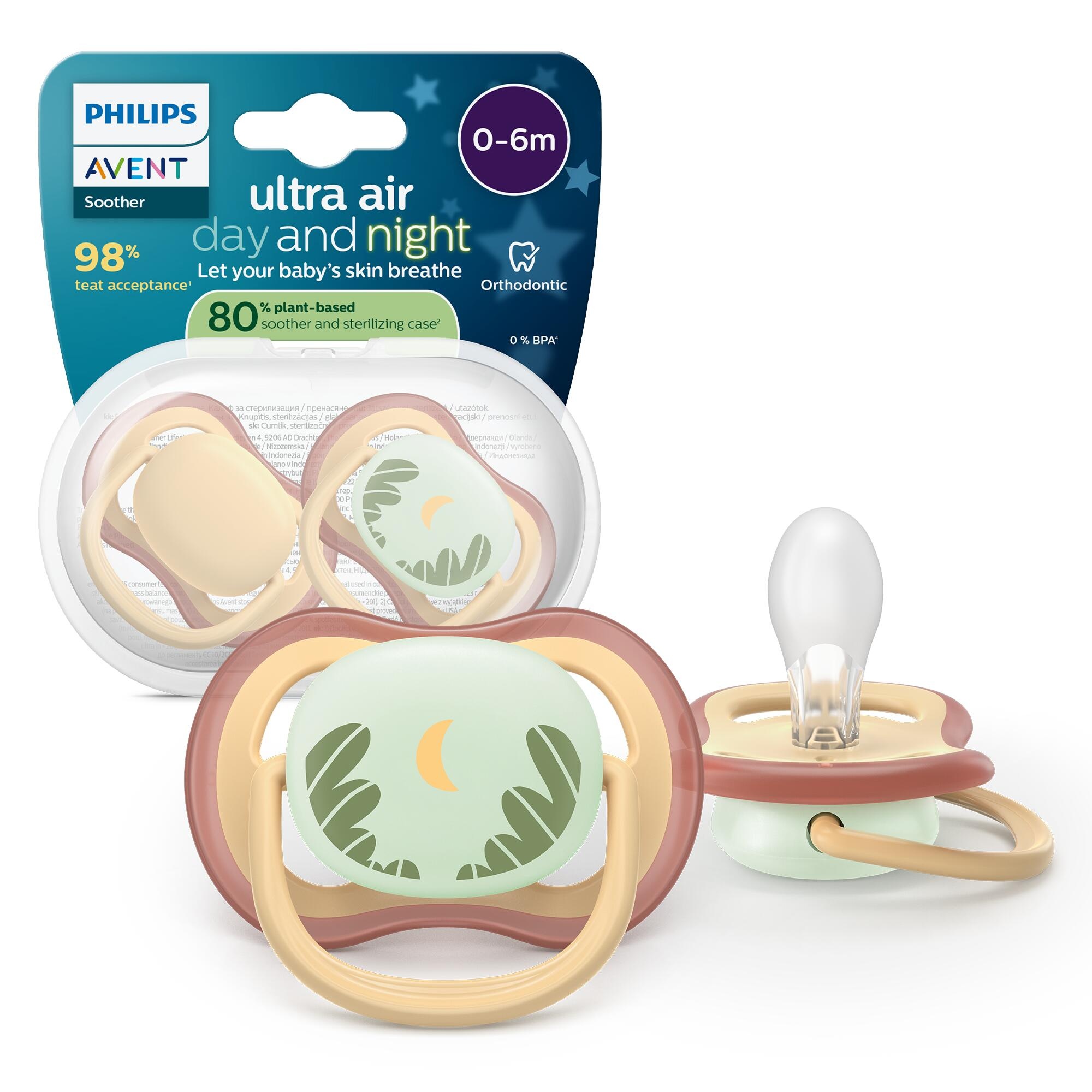 Succhietti ultra air day&amp;night 0-6m pastello giallo e verde con luna, a base vegetale - set da 2 ciucci - philips avent - Avent