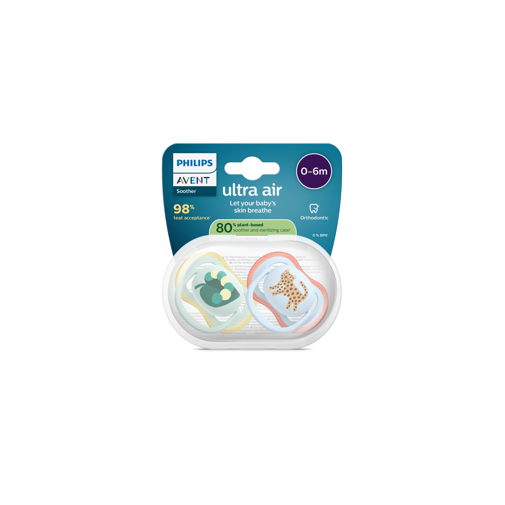 Succhietti ultra air 0-6m foglia e leopardo, a base vegetale - set da 2 ciucci - philips avent - Avent
