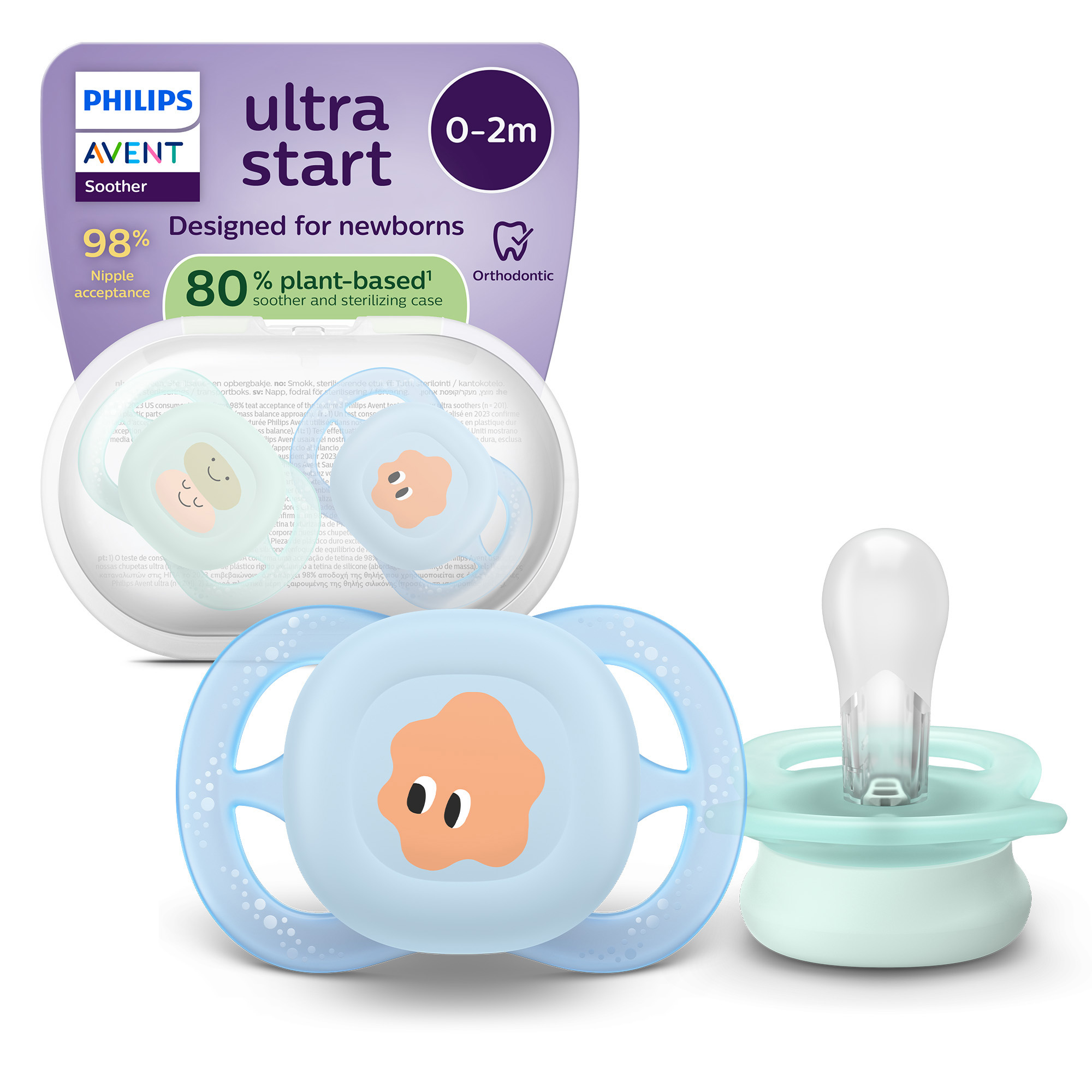 Succhietti ultra start 0-2m pastello verde e blu con decorazioni, a base vegetale - set da 2 ciucci - philips avent - Avent