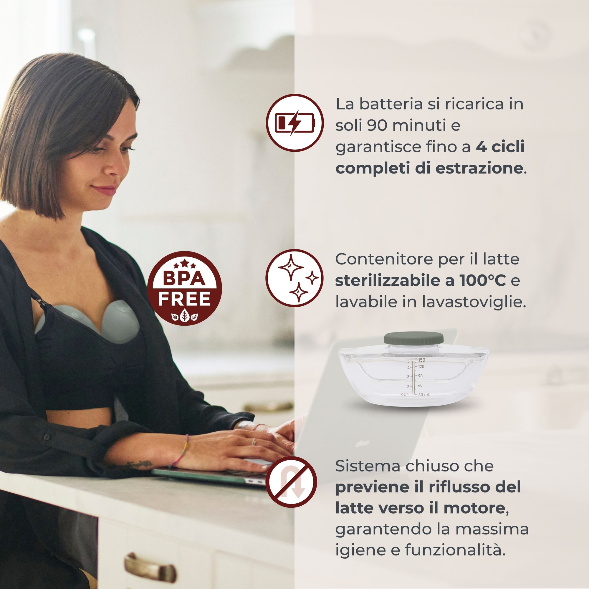 Tiralatte elettrico indossabile singolo materno flow a 3 fasi - nuvita - Nuvita