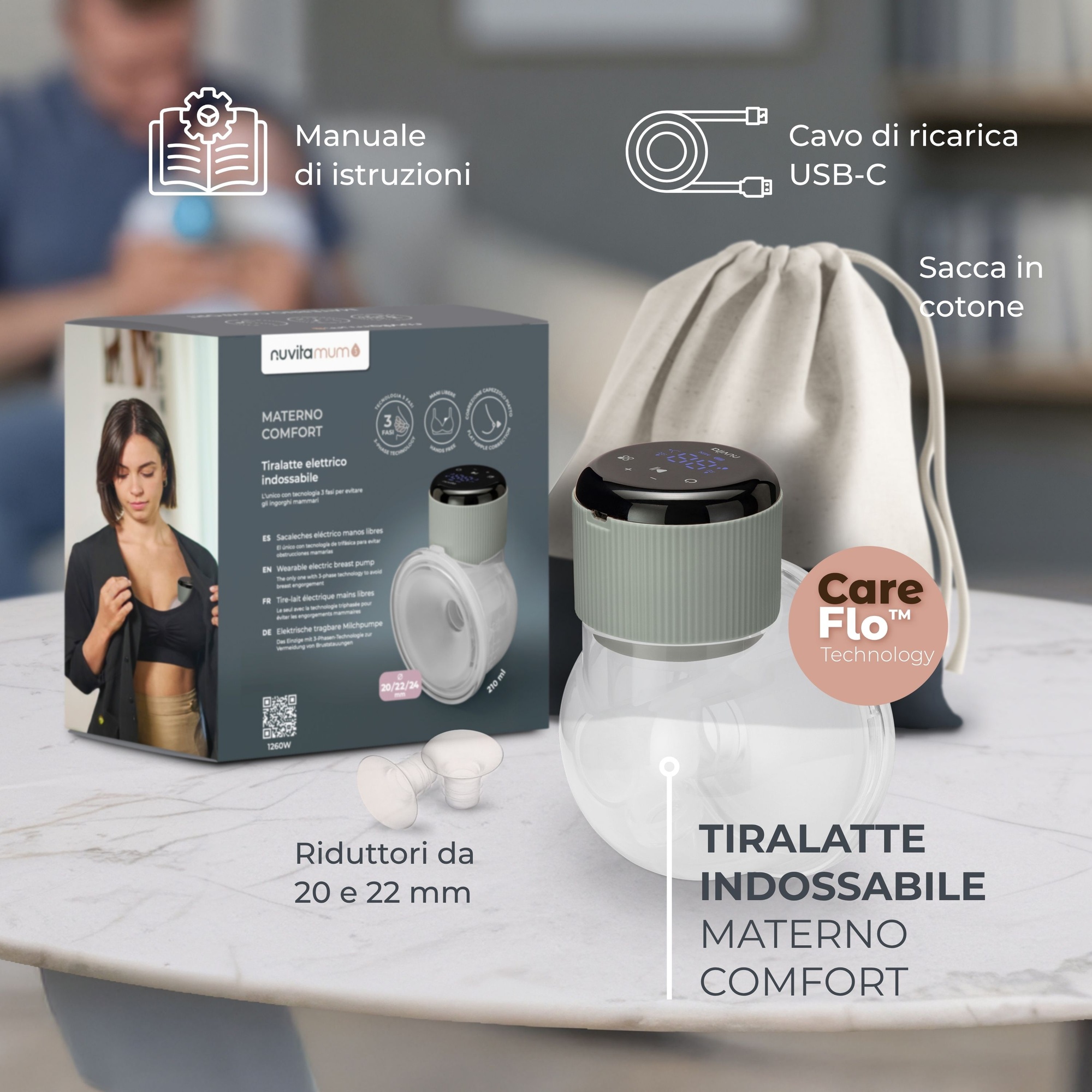 Tiralatte elettrico indossabile singolo materno comfort a 3 fasi - nuvita - Nuvita