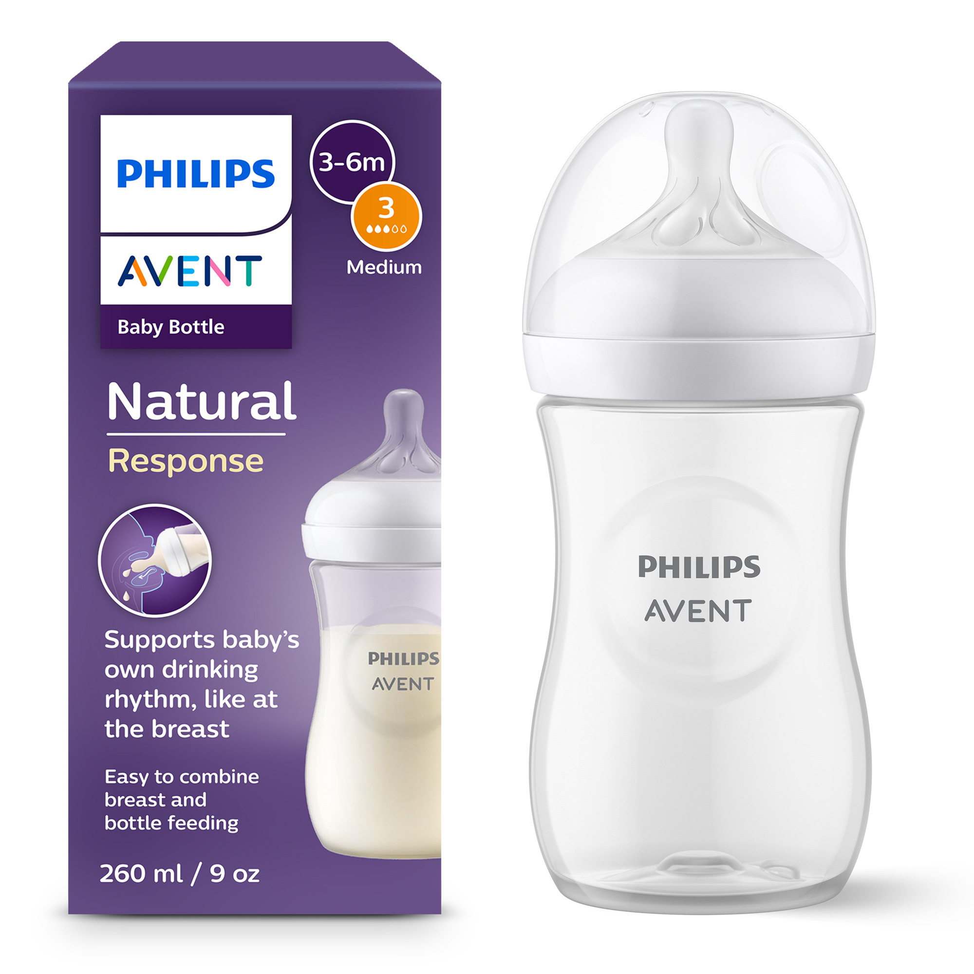 Biberon natural response 260 ml, con tettarella flusso 3 (medio). età consigliata: 3-6m. biberon 1 pz: scy903/01 - philips avent - Avent