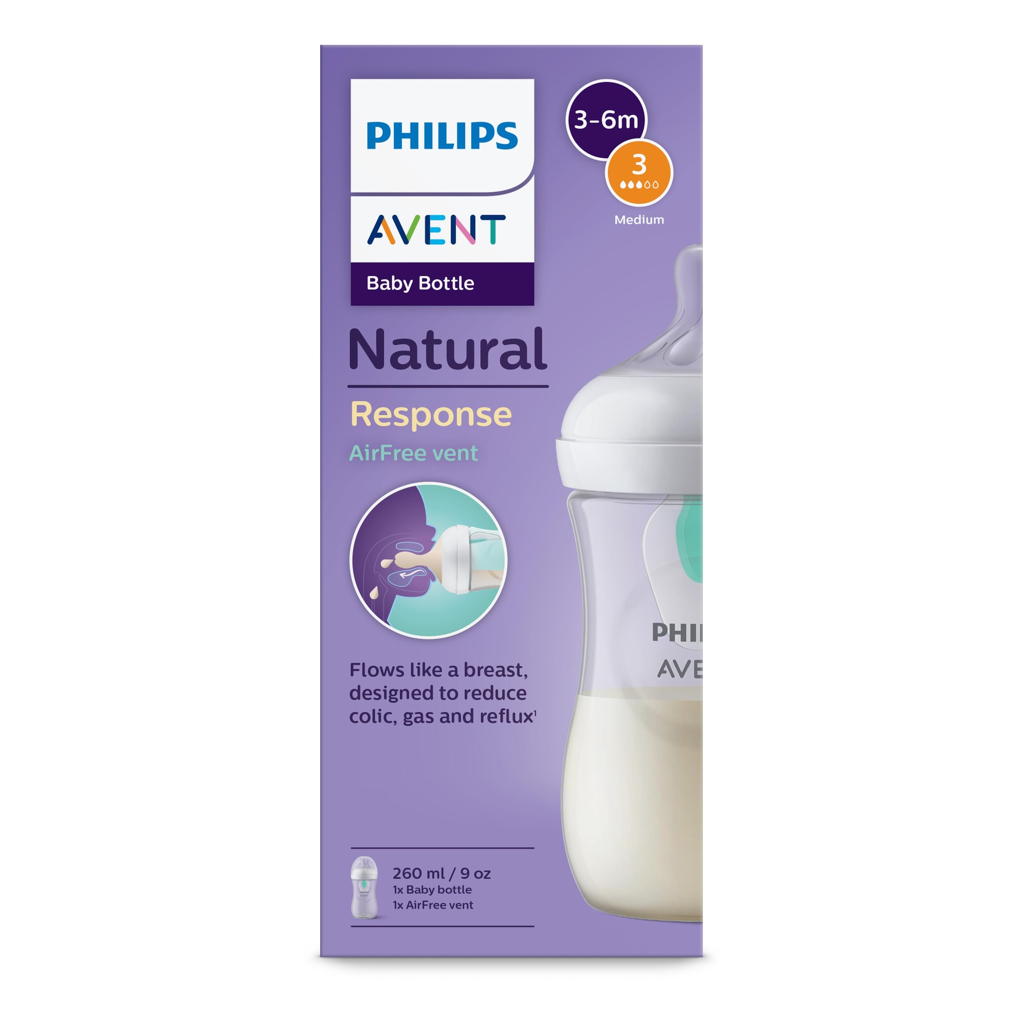 Biberon natural response con valvola airfree 260 ml, con tettarella flusso 3 (medio). età consigliata: 3-6m. biberon 1 pz: scy673/01 - philips avent - Avent