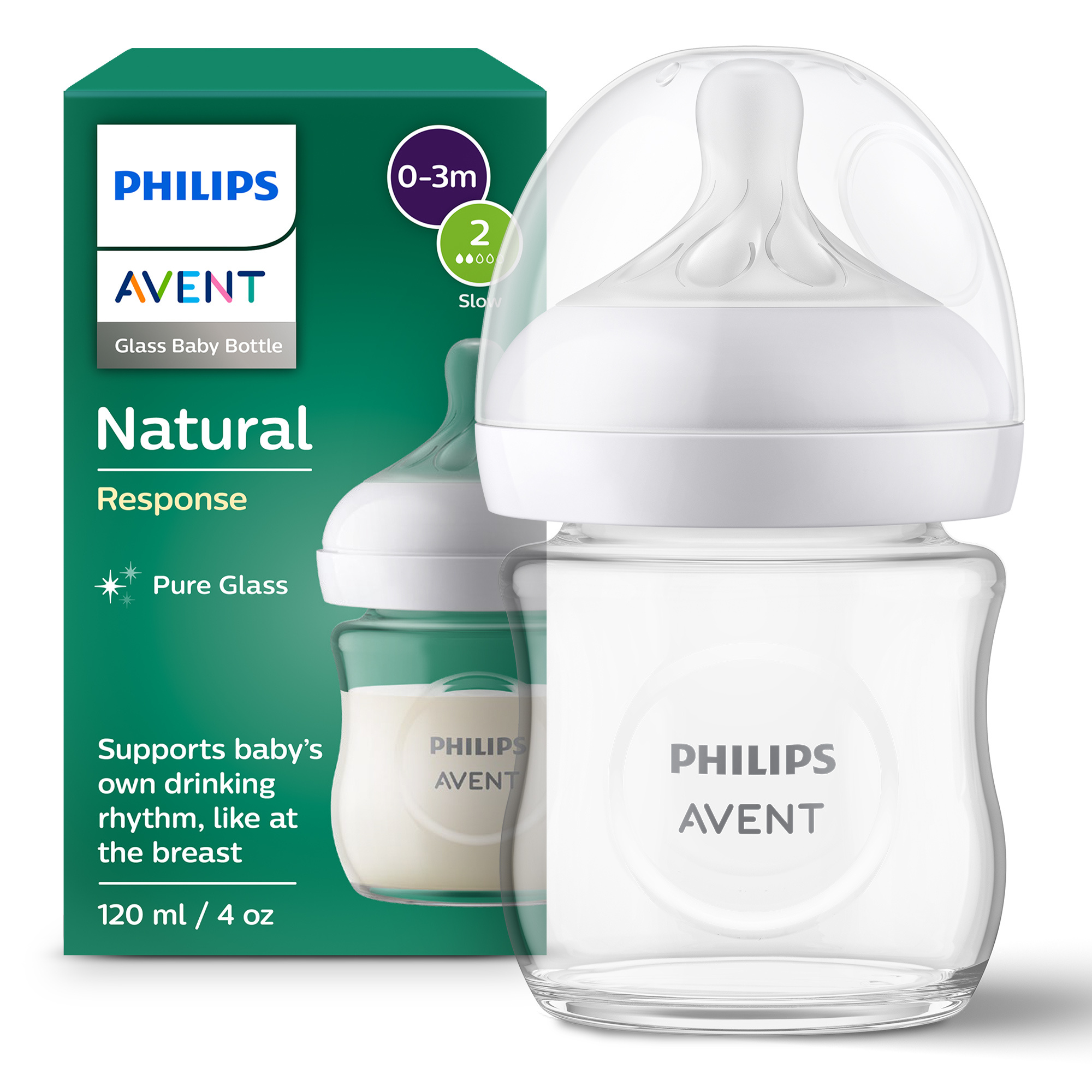 Biberon natural response in vetro 120 ml, con tettarella flusso 2 (lento). età consigliata: 0-3m. biberon 1 pz: scy930/01 - philips avent - Avent