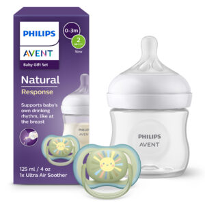 Set: un biberon natural response 125ml con tettarella flusso 2 (lento) 0-3m e un succhietto ultra air deco sole 0-6m. 1 set: scd837/10 - philips avent - Avent