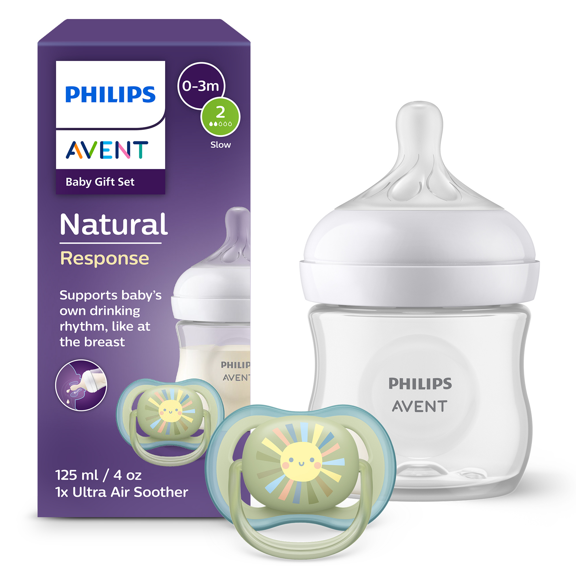 Set: un biberon natural response 125ml con tettarella flusso 2 (lento) 0-3m e un succhietto ultra air deco sole 0-6m. 1 set: scd837/10 - philips avent - Avent