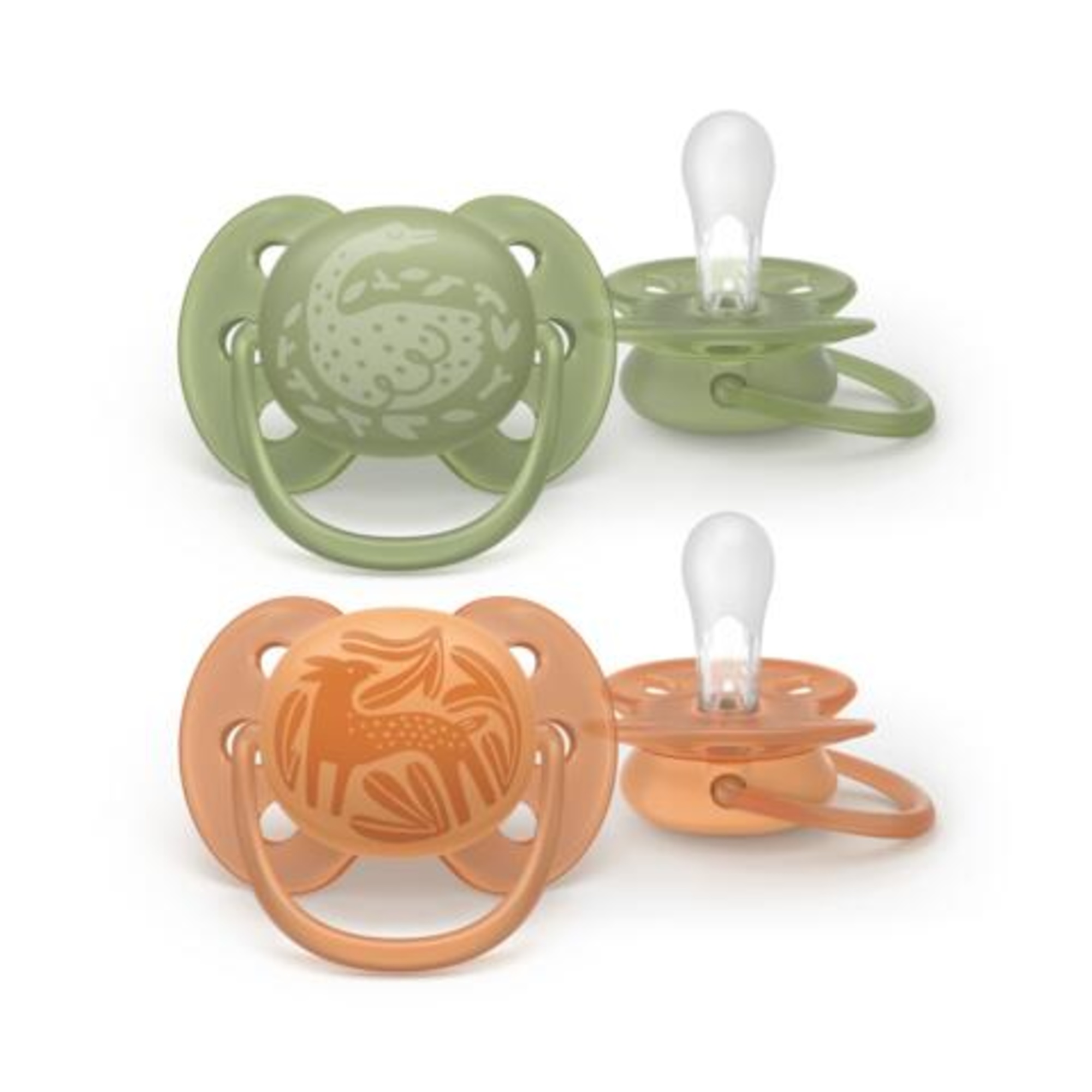 Succhietti ultra soft 18m+ pastello verde e marrone con decorazioni, a base vegetale - set da 2 ciucci - philips avent - Avent