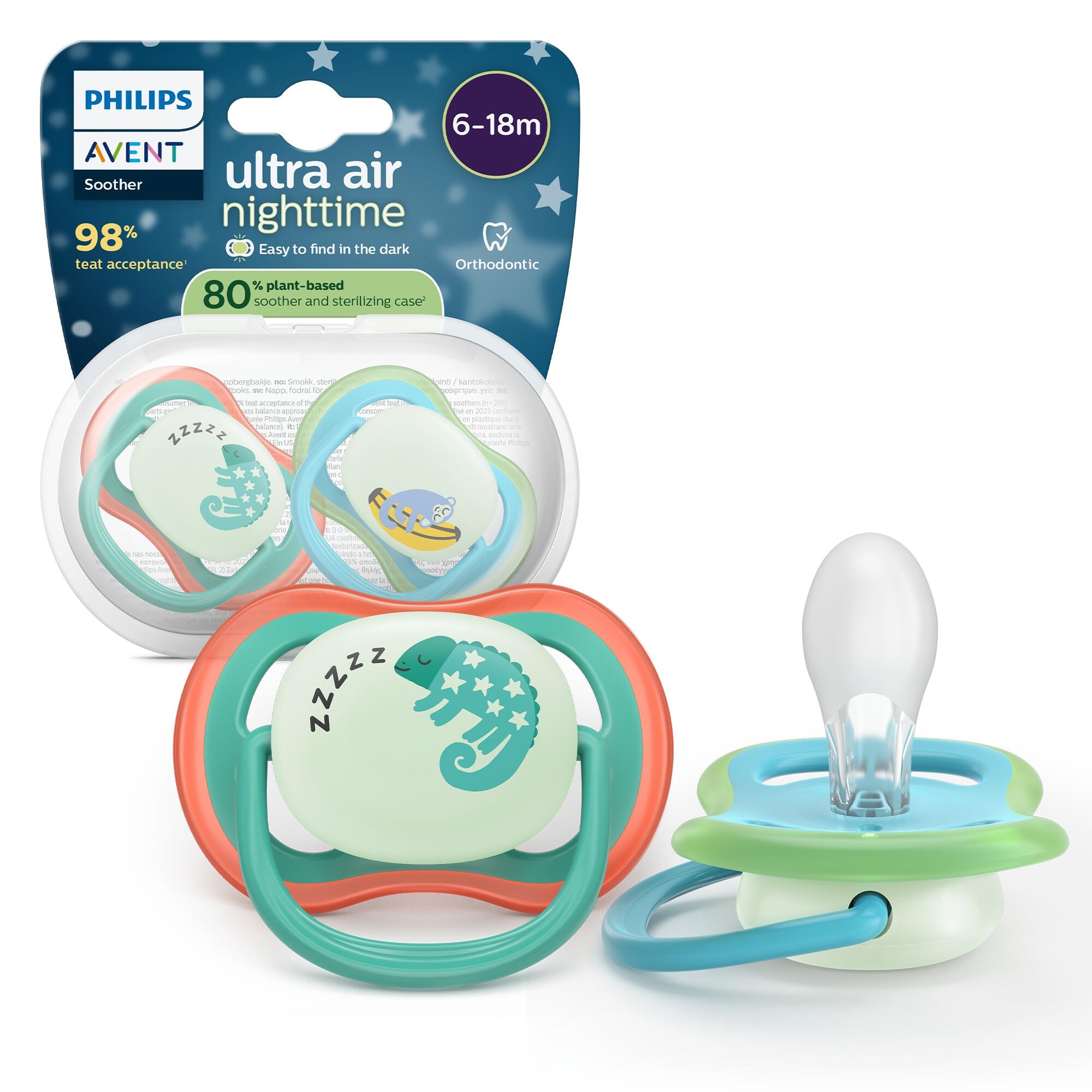 Succhietti ultra air night 6-18m camaleonte e scimmia, a base vegetale - set da 2 ciucci - philips avent - Avent