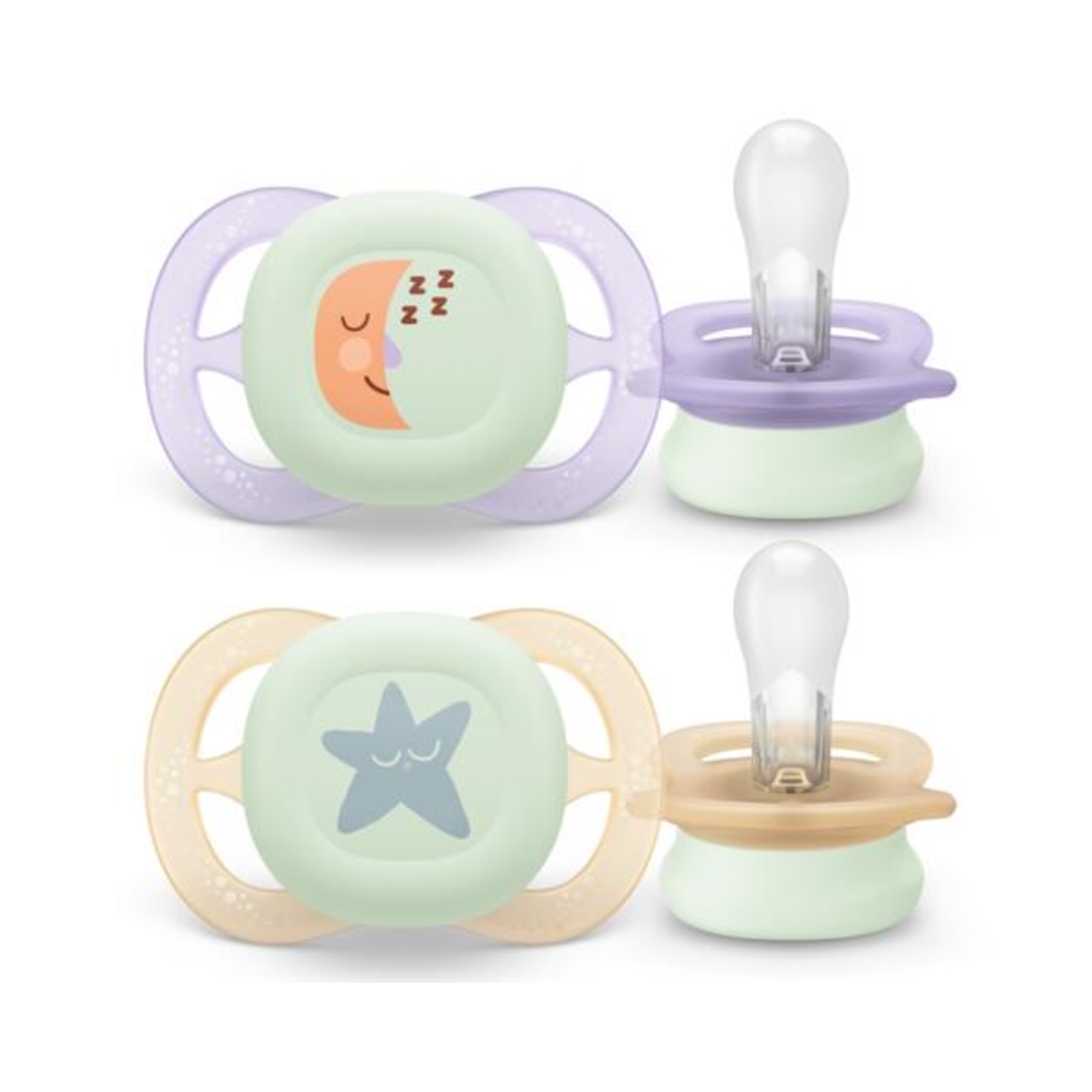 Succhietti ultra start 0-2m night pastello viola e arancione luna e stella, a base vegetale - set da 2 ciucci - philips avent - Avent