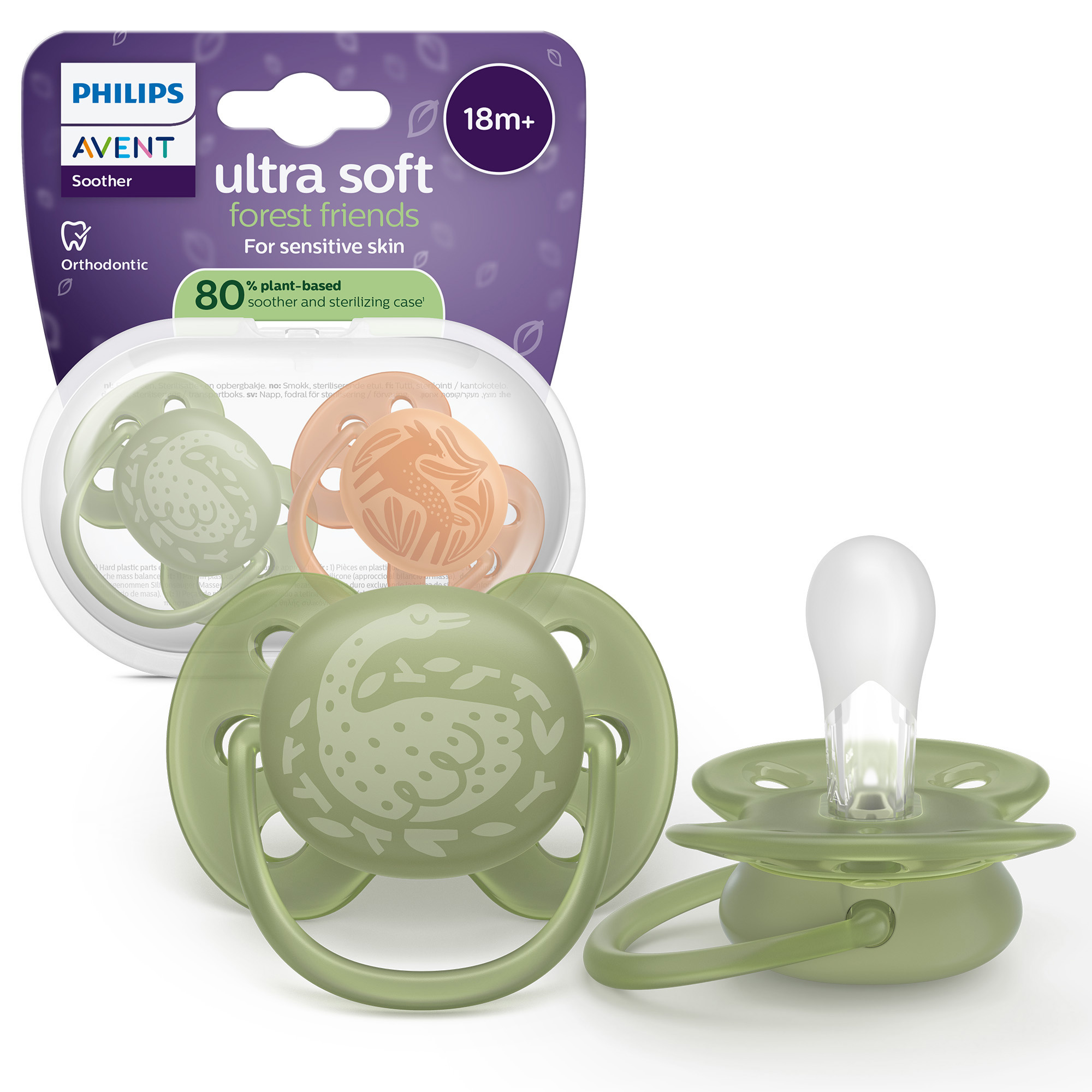 Succhietti ultra soft 18m+ pastello verde e marrone con decorazioni, a base vegetale - set da 2 ciucci - philips avent - Avent